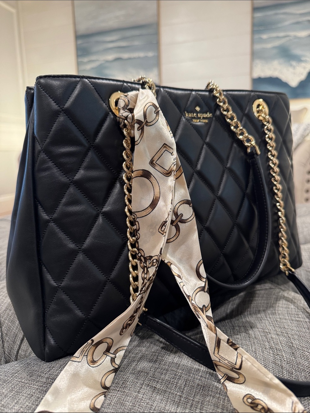 Kate Spade Bag Emerson Place Quilted Black Leather Shoulder Tote Bag - Picture 3 of 17
